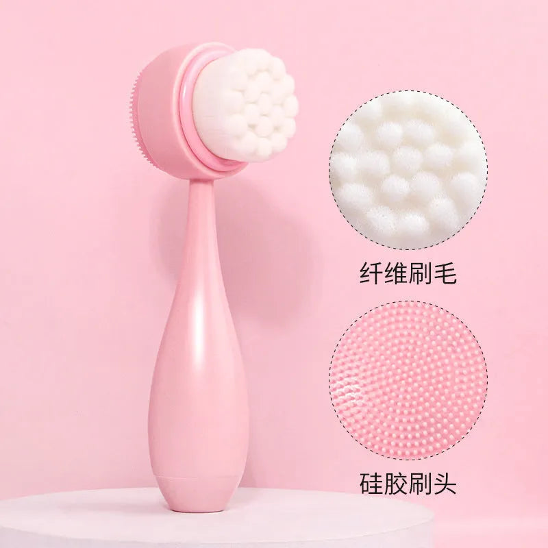 Facial brush and hair band set in coral fleece material with nylon bristles and plastic handles