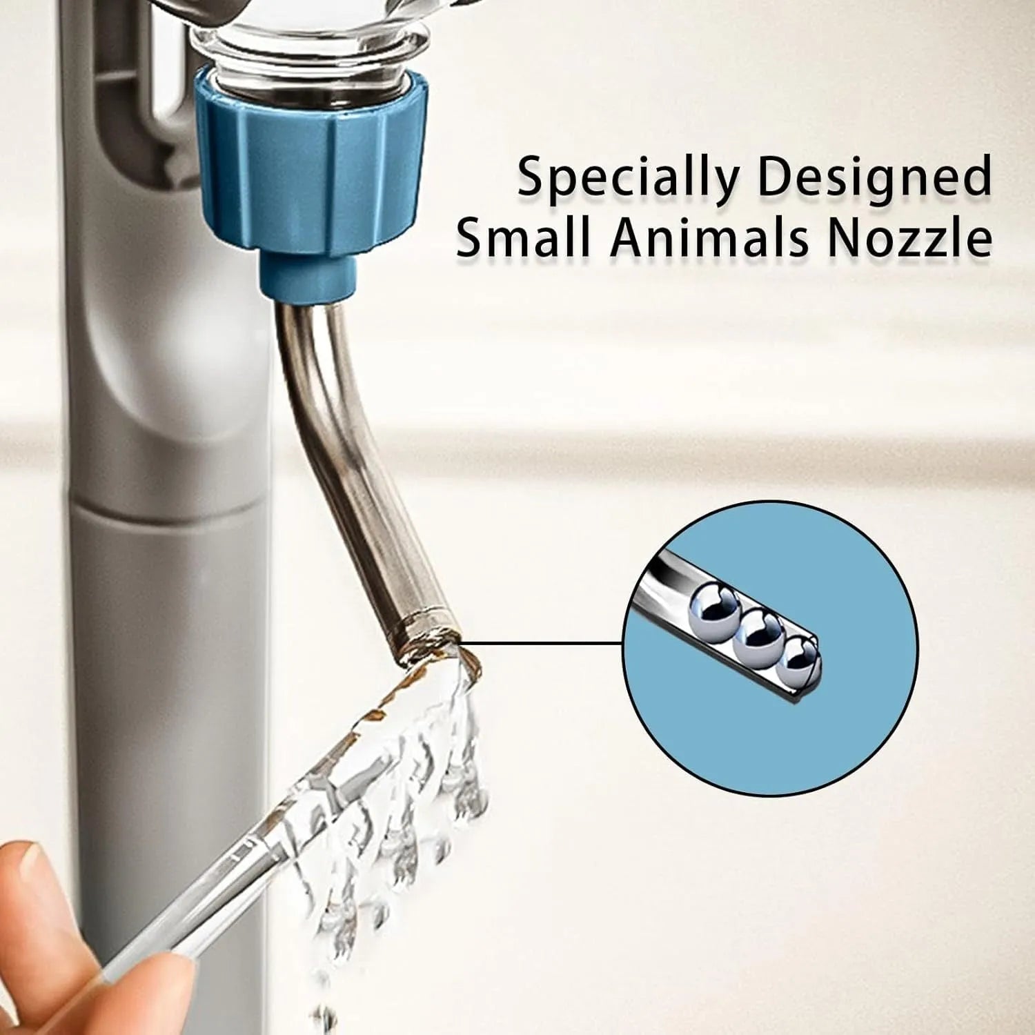 Small animal water bottle with rotating nozzle mounted on cage, shown in blue colour with 500ml capacity marking