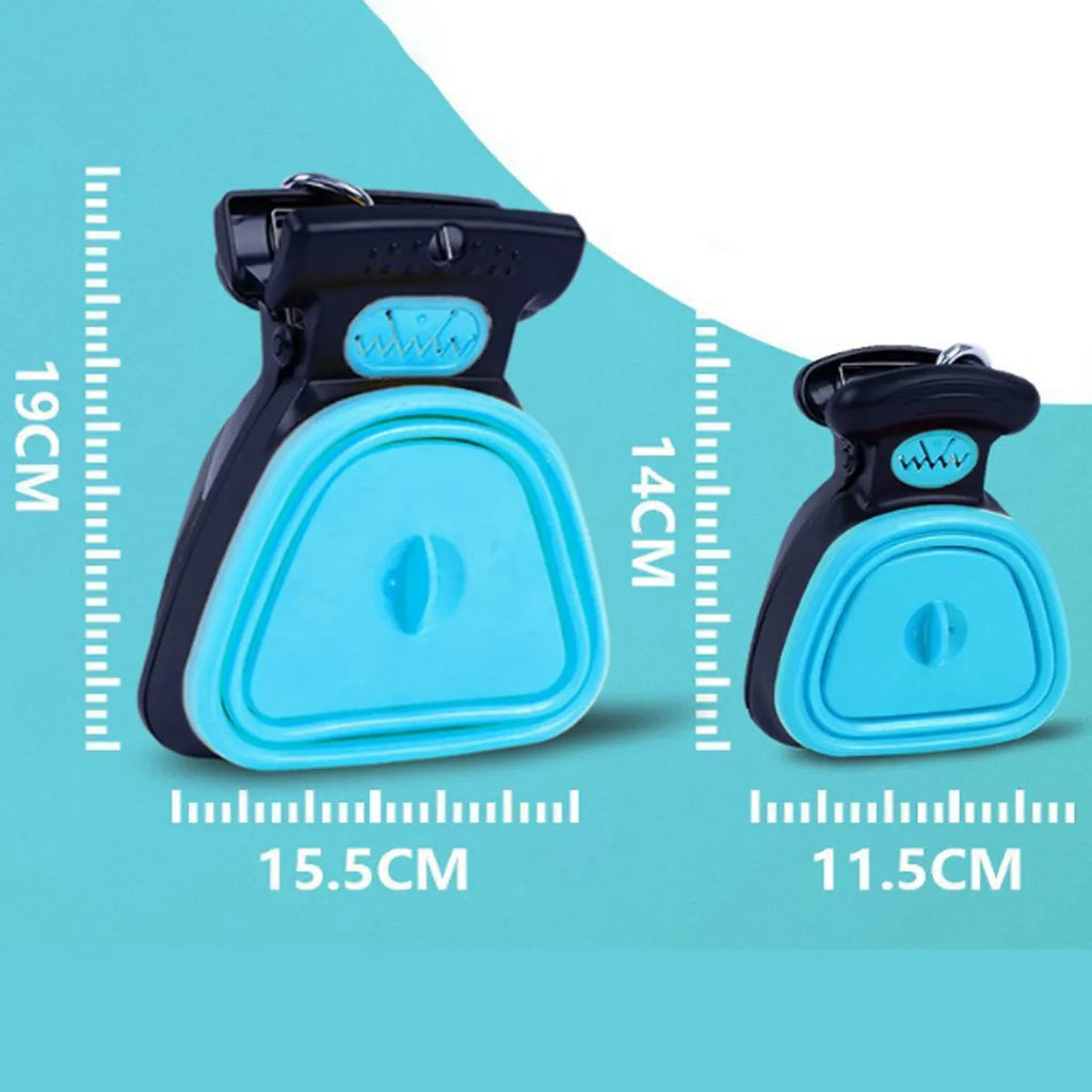 Blue portable pooper scooper with clip, expandable container, and bag dispenser for dog waste cleanup.