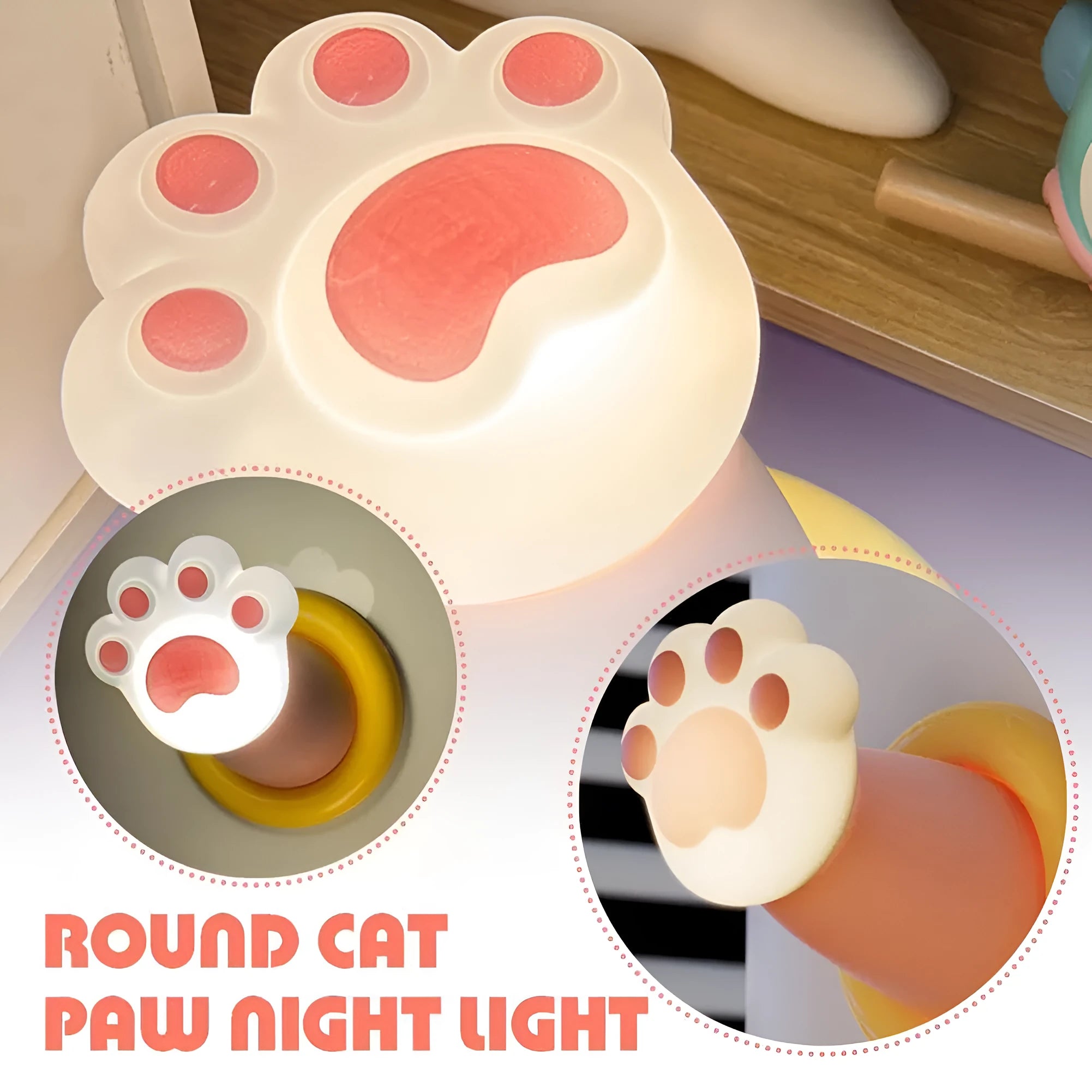 Cat paw rechargeable tap lamp with three brightness levels on a nightstand