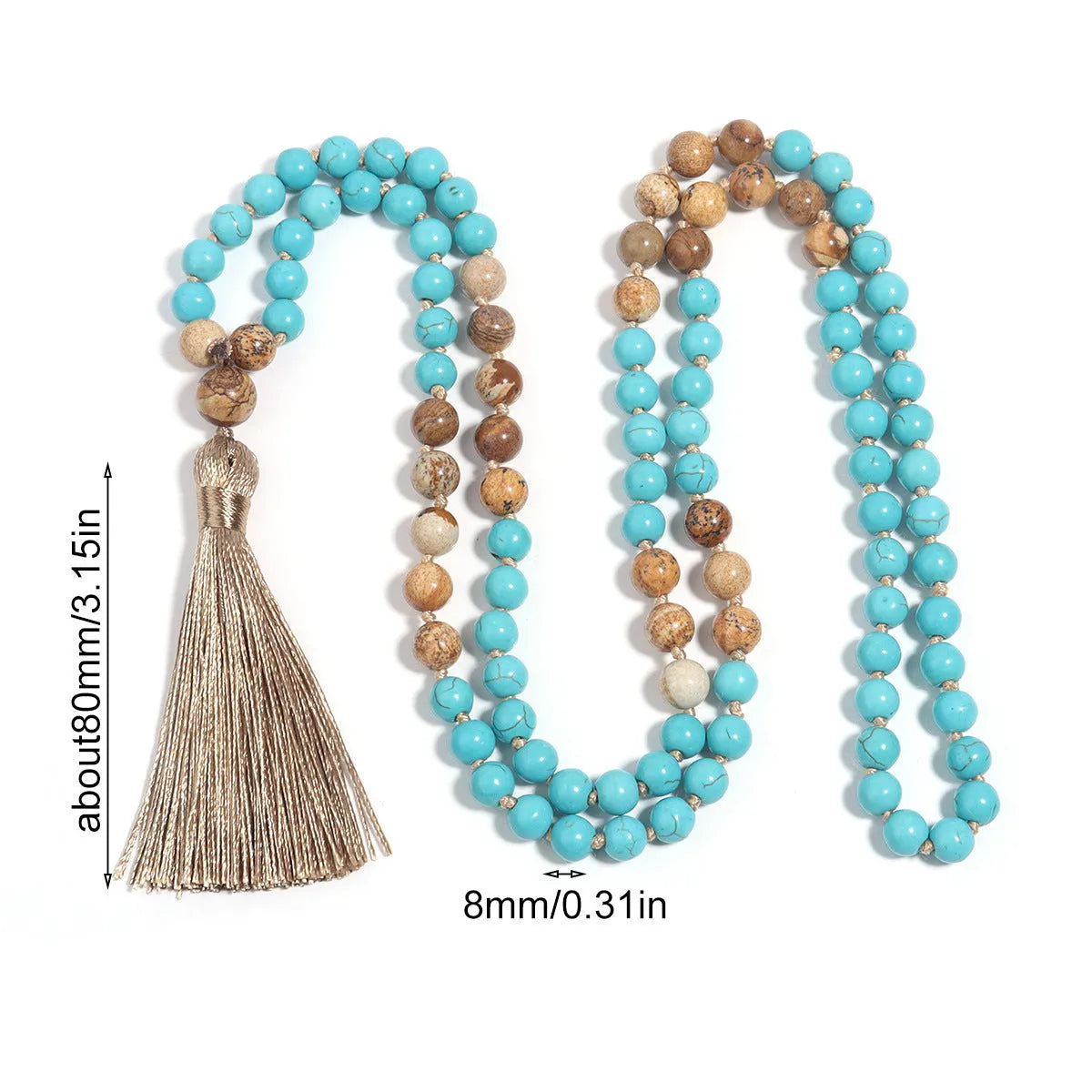 Handmade 108 mala necklace with vintage turquoise painted stone beads on a ball bead chain, blue pine colour, unisex design