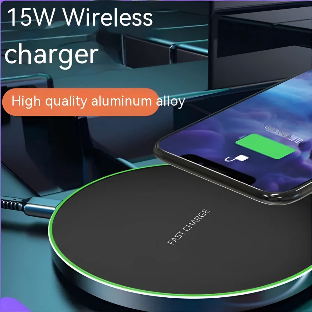 Aluminium alloy Qi wireless phone charger disc, 100mm diameter, 6mm thick, in black with rubber oil surface