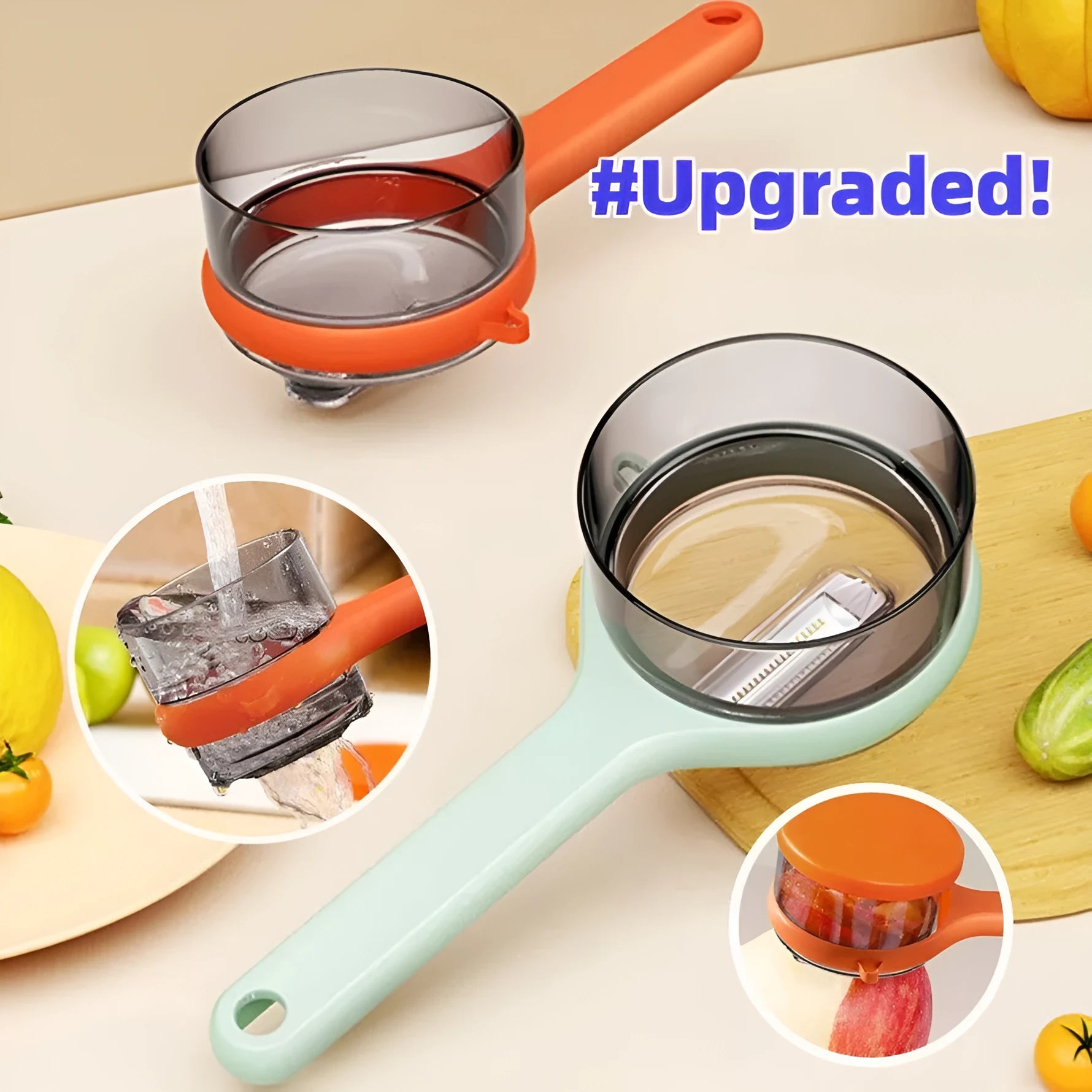 Kitchen multi-functional peeler with bucket storage in light green and orange colours, food-grade plastic construction