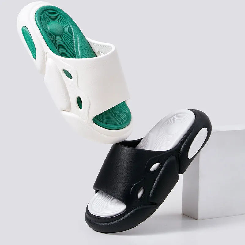 Women's two-colour EVA slippers with a thick sole and leather lining.