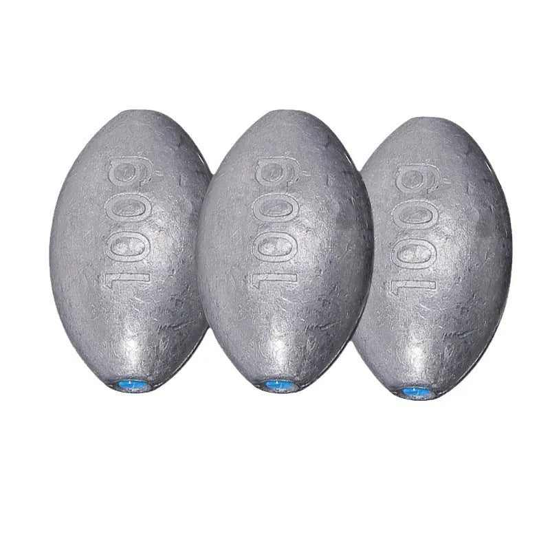 Tongxin scale pattern olive lead fishing sinker in rugby shape, showing weight options from 10g to 150g.