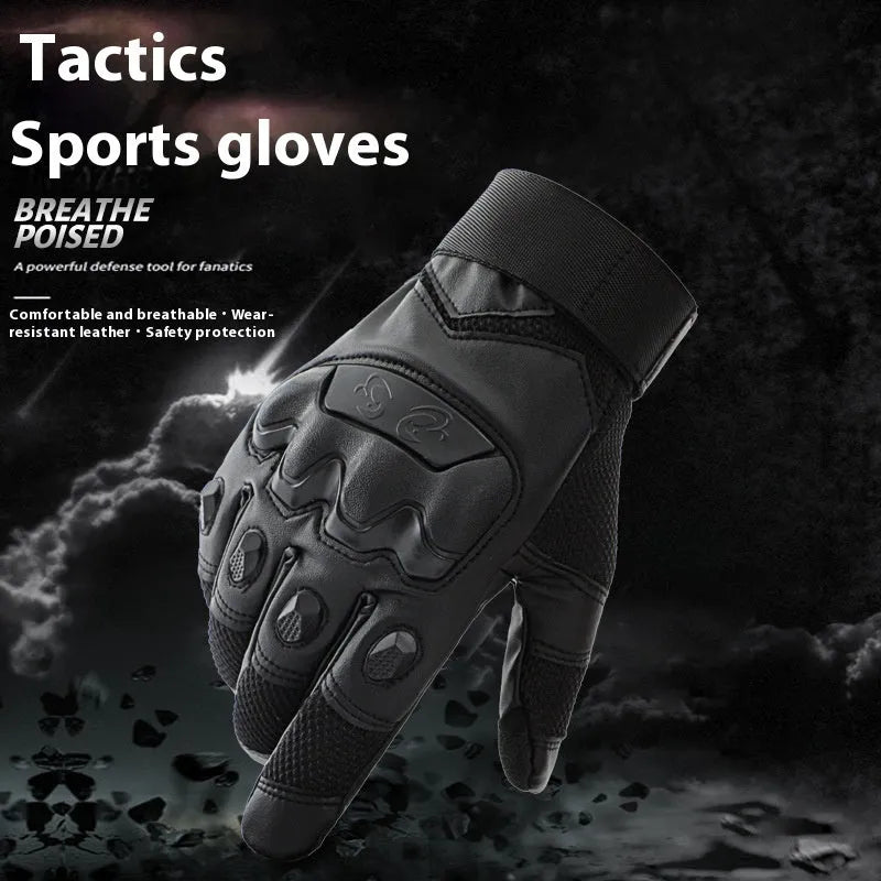 Men's black tactical gloves with touch screen fingertips showing full finger design