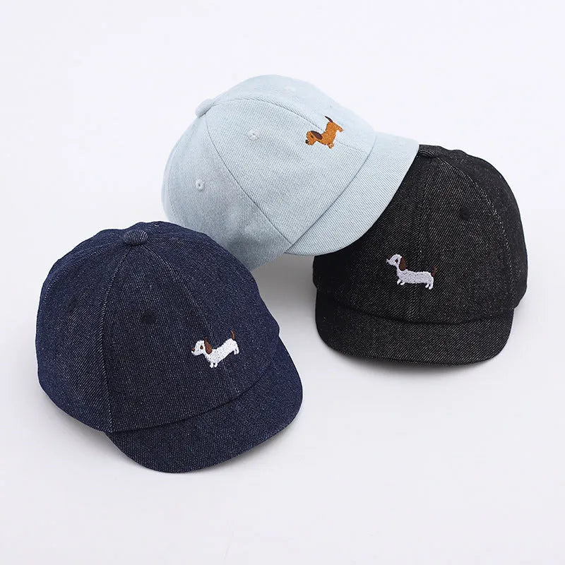 Baby denim baseball cap with puppy brim in blue, size 48cm, dome crown style