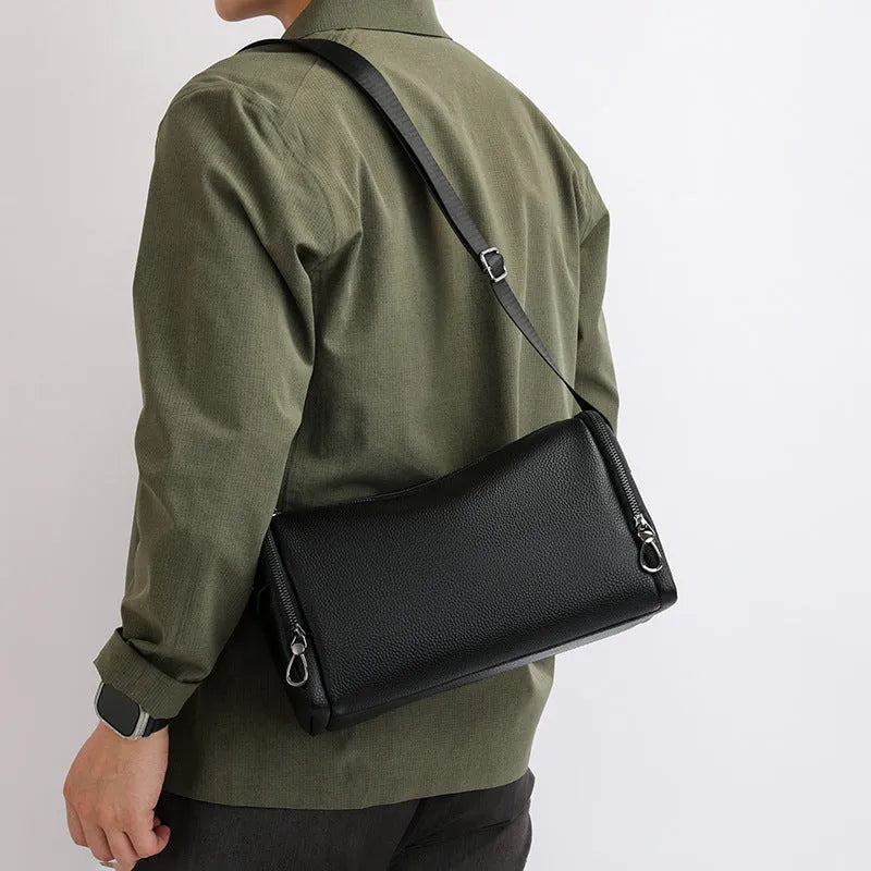 Genuine leather crossbody bag for men, black, with stitching detail and large capacity for business travel