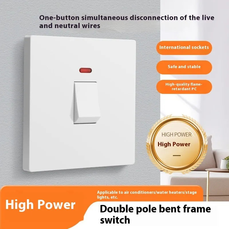 High-current illuminated electrical switch in gold, grey, or white for water heater and air conditioning units.