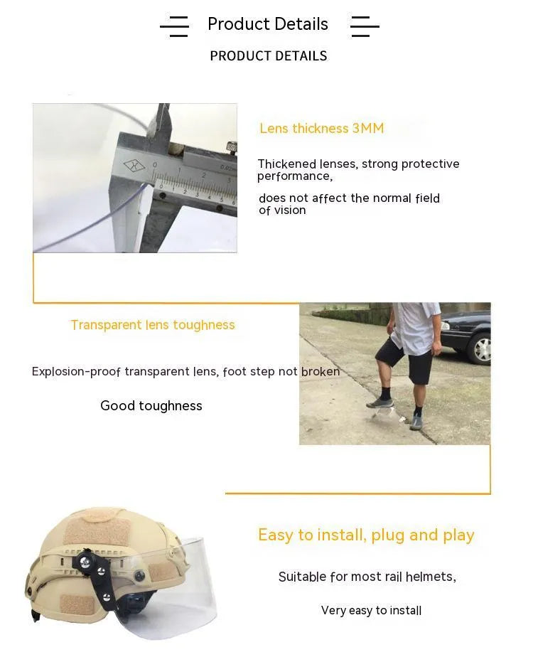Transparent PC helmet face mask with guide rail mount 30x15cm semi-rimless design
