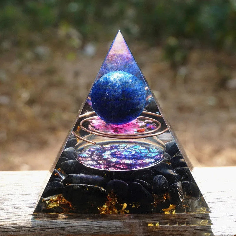 6cm crystal epoxy resin pyramid ornament with natural crystal gravel interior, geometric design, colour options available