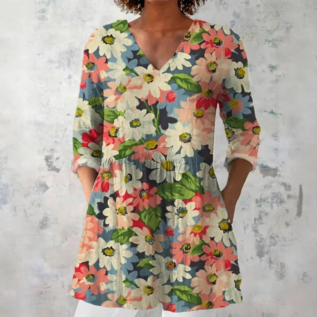 Women's retro slim fit printed long-sleeved polyester top in various colours and sizes