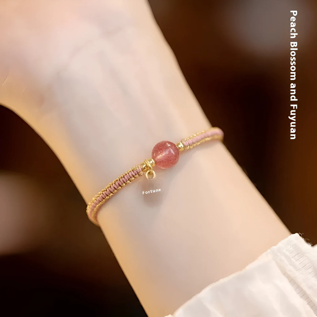 Adjustable red rope bracelet with Strawberry Quartz transfer beads unisex national tide style