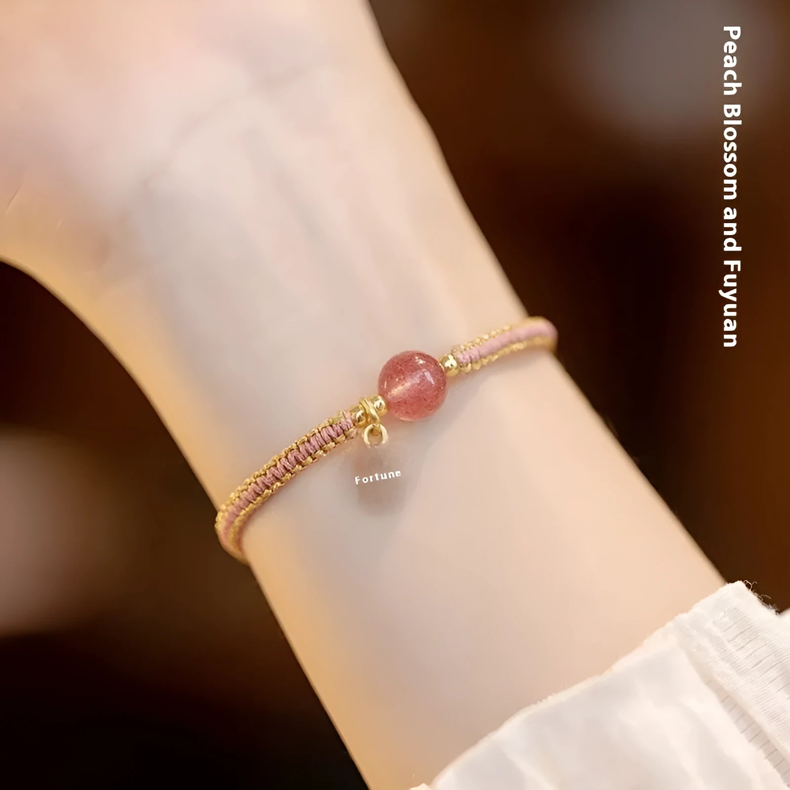 Adjustable red rope bracelet with Strawberry Quartz transfer beads unisex national tide style