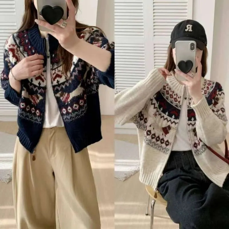 Ethnic style heavy industry jacard round neck pullover sweater with 3D effect pattern in apricot or navy blue loose fit