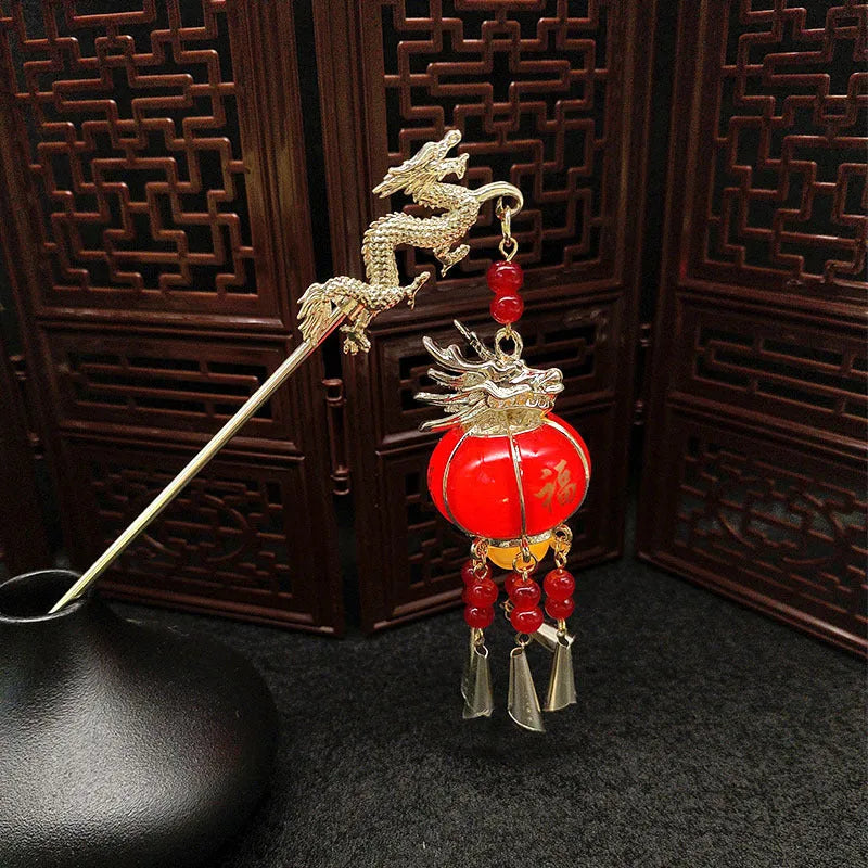 Dragon year luminous lantern hairpin with pearl finish and retro geometric design