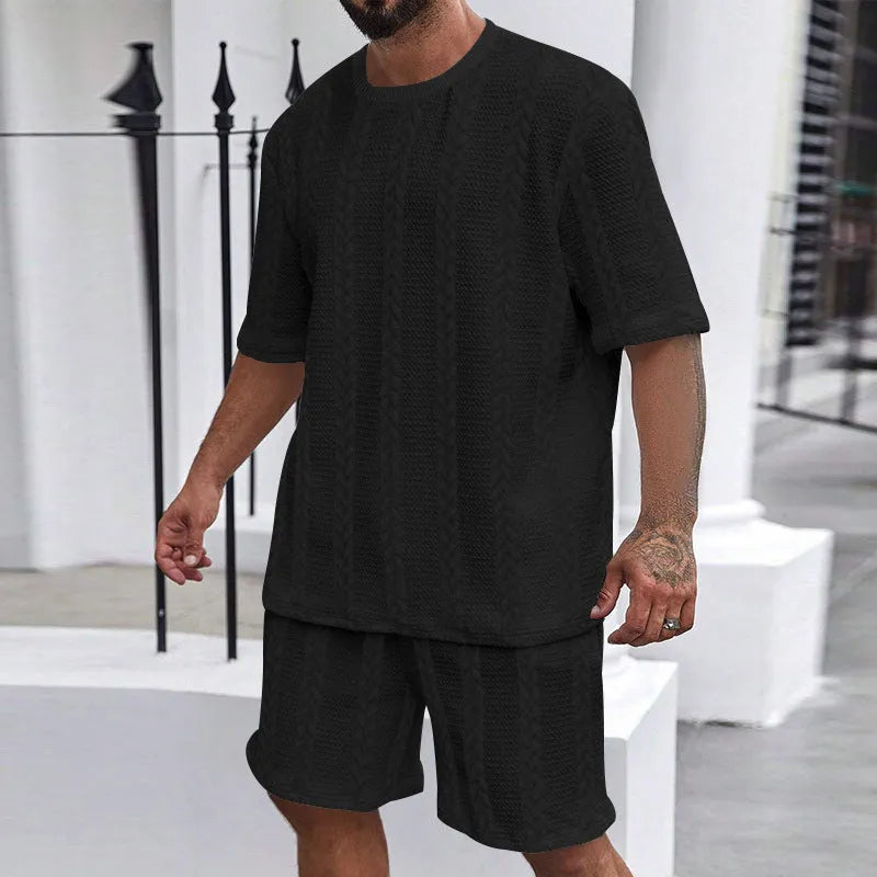 Knitted solid colour jacquard round neck short sleeve pullover top with matching shorts set in white, black, navy, khaki, light gray, polyester, sizes S-XXXL