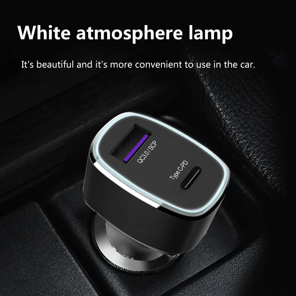 Car charger dual USB TYPE C PD QC 3.0 2.0 fast charger metal flame retardant PC 6000mA 12-24V