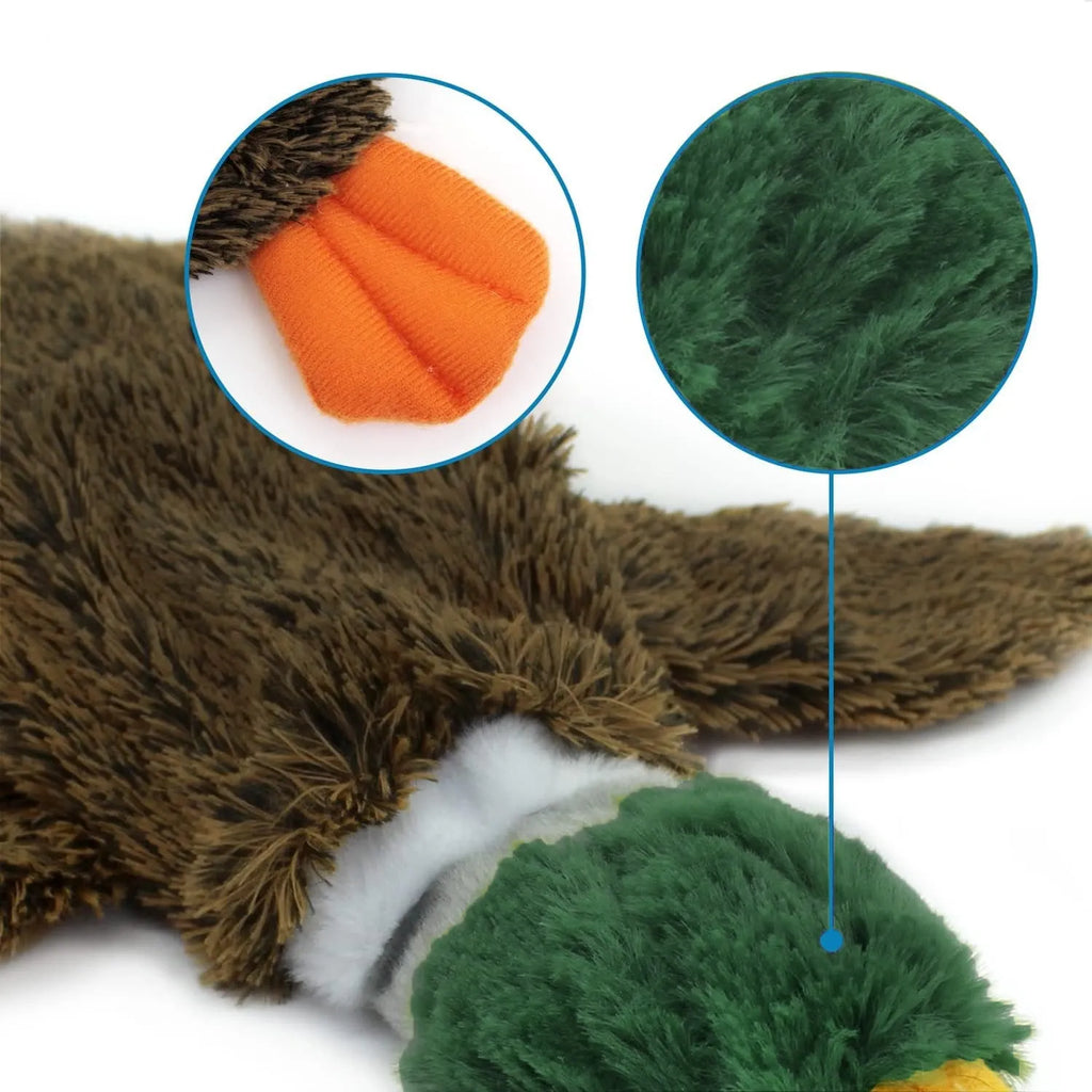 Wild duck design stuffless dog toy with cavity for plastic bottles and two squeakers