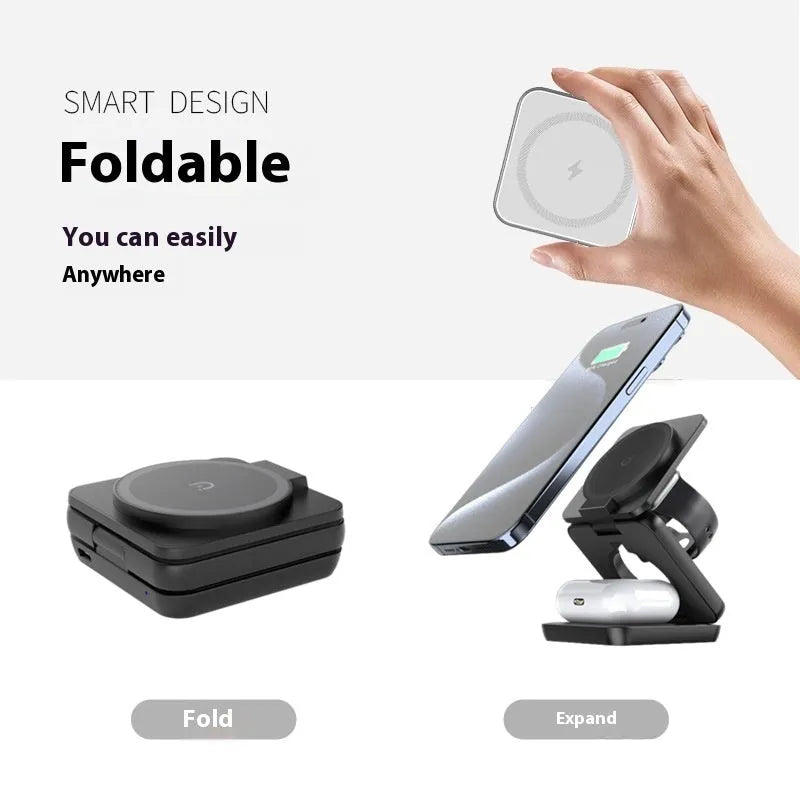 Foldable magnetic wireless charger phone holder in black with QC3.0 fast charging 15W output