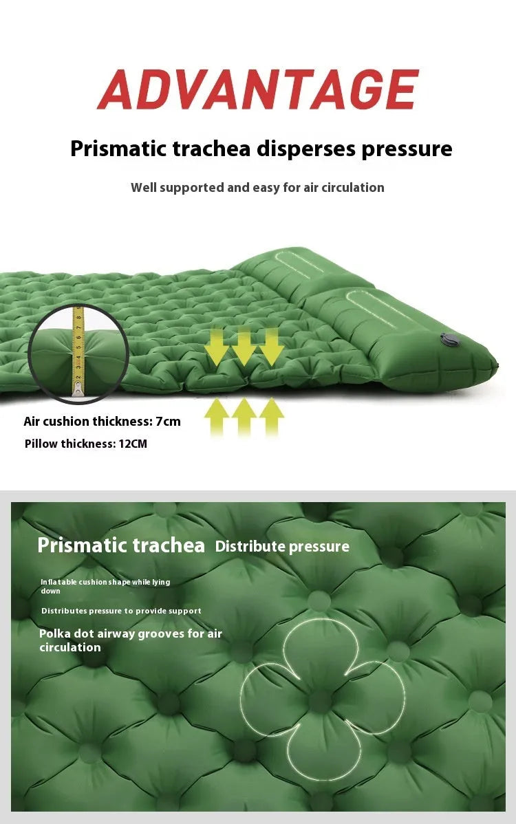 Double air mattress for camping widened outdoor airbed in army green with pillow 200x120x7cm