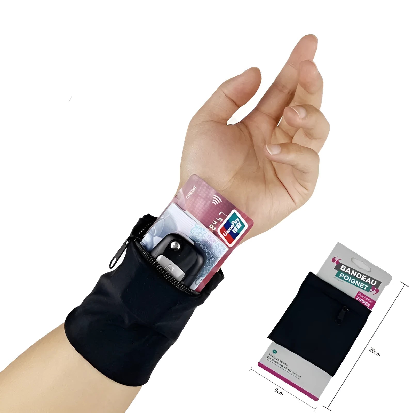 Wrist bag armband sleeve showing 10 x 10.5 cm dimensions for mobile phone storage