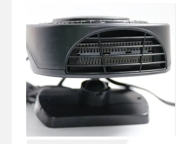 Black 12V car heating fan 7x16cm 150W with cigarette lighter plug on dashboard