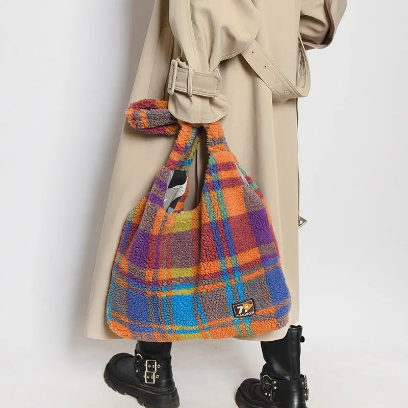 Women's plaid shoulder tote bag in army green with crossbody strap and large capacity dimensions