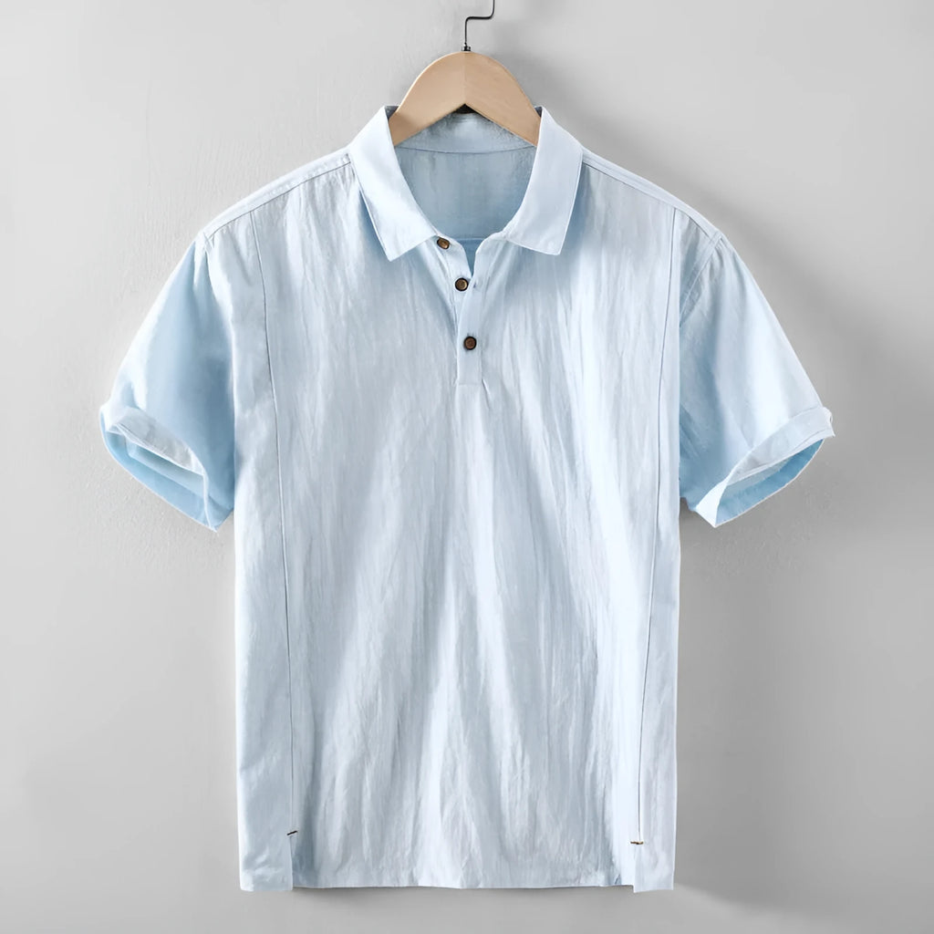 Men's loose-fit linen casual shirt in a solid colour on a hanger