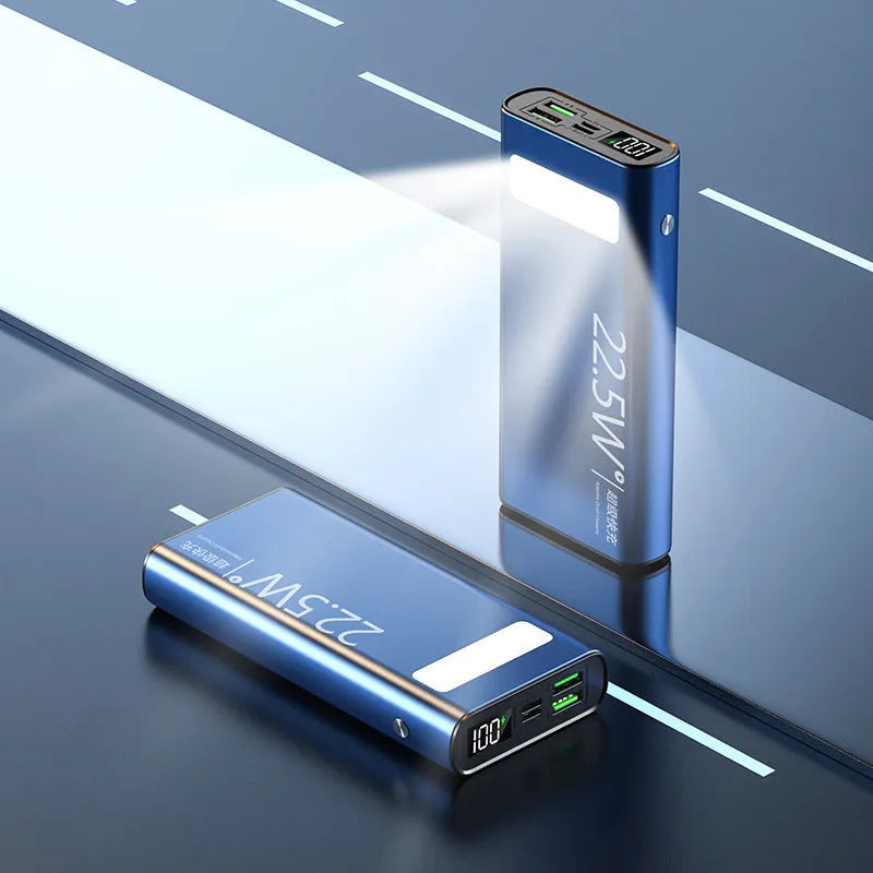 Alloy shell power bank with LCD display showing battery percentage, available in black, green, red, and blue colours.