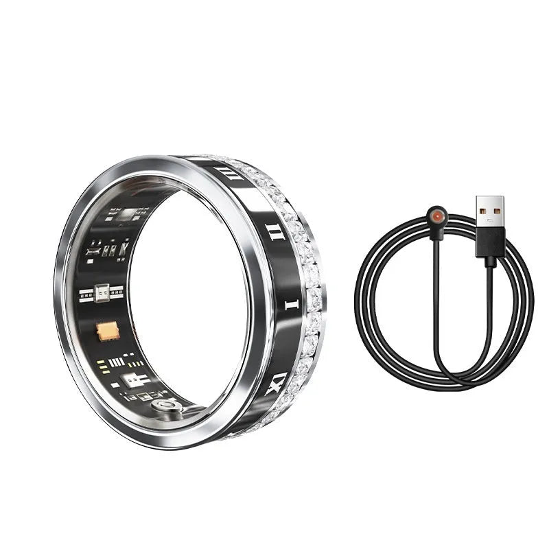 Silver and gold diamond inlaid smart ring for fitness tracking and blood oxygen monitoring.