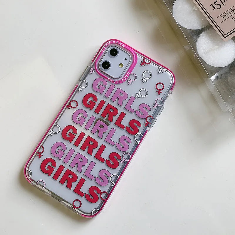 Girl all-inclusive soft TPU transparent case for iPhone with black circle GIRLS pink letter print