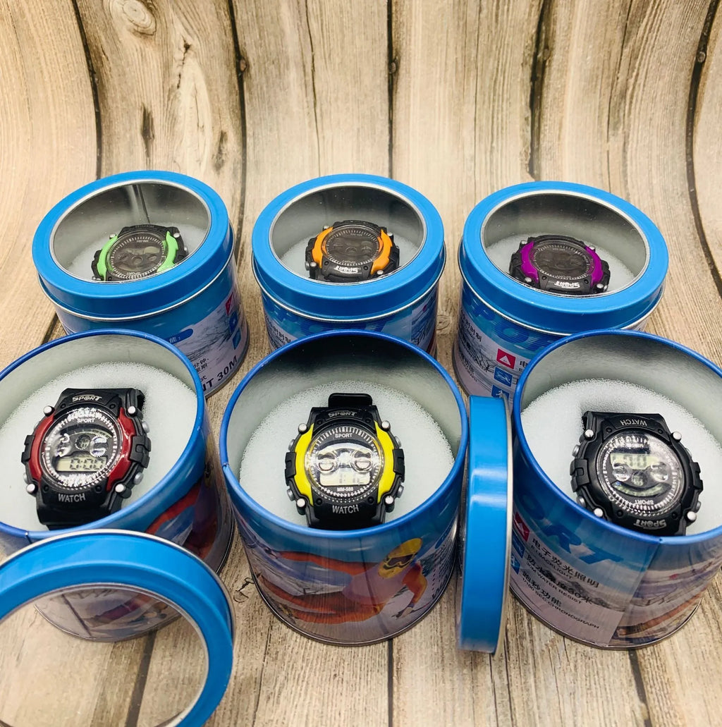 Children's digital sports watch with silicone strap, showing alarm and waterproof features.