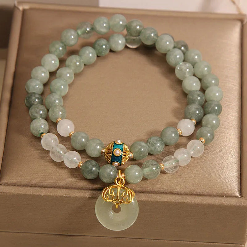 Women's aventurine double-layer crystal bracelet with peace buckle clasp in oil green jade colour