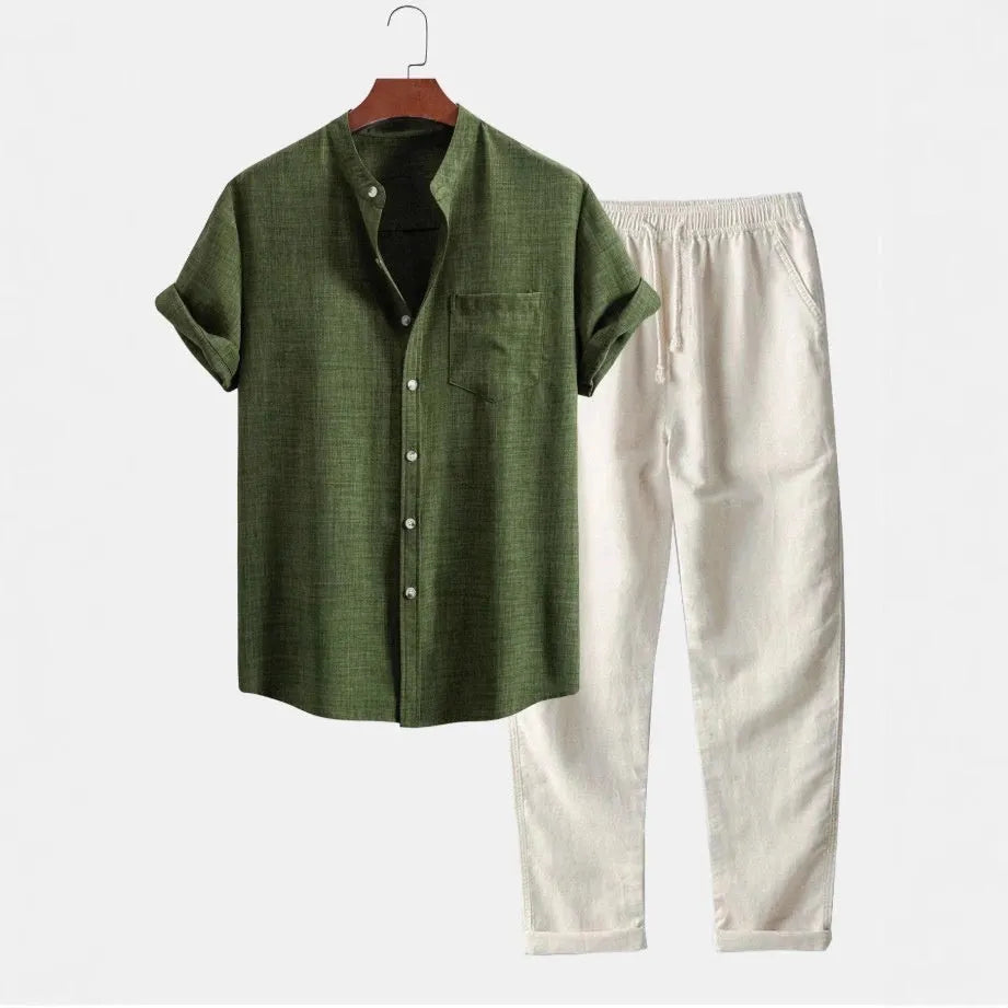 Men's stand collar slim-fit digital print short-sleeved shirt in blue set, with matching trousers, shoes, and watch