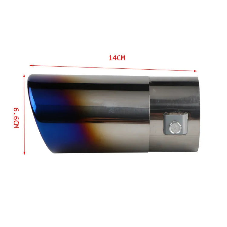 Stainless steel car exhaust tailpipe modification part, 140cm length, showing baked blue and bright silver finish options
