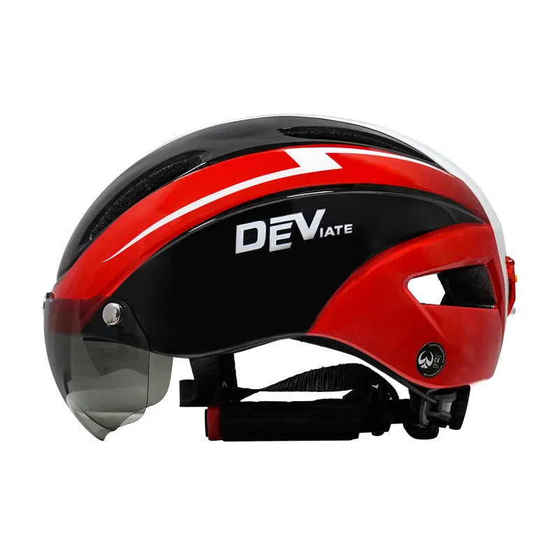 Adult bicycle helmet with goggles and taillight in blue, white, and black colour scheme