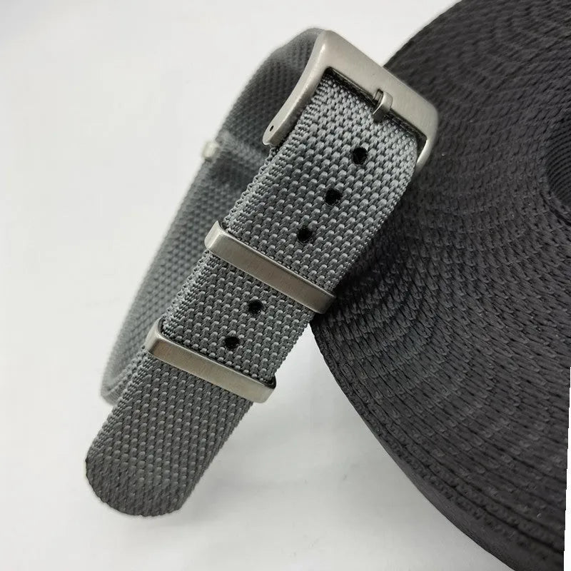 20mm wide nylon integrated watch strap in five colour options on a watch case.