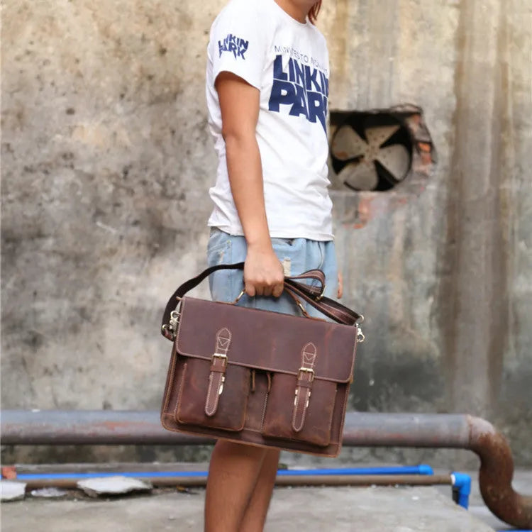 Small yellow brown crazy horse leather messenger bag for men with shoulder strap and nylon lining