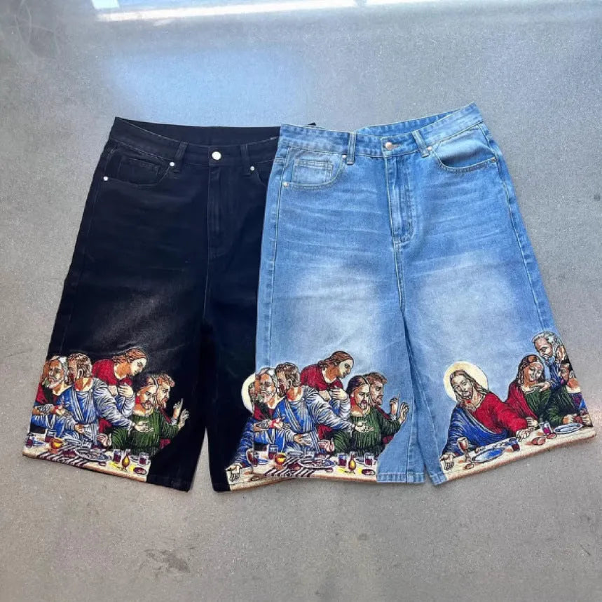 Men's cotton tapered shorts with Jesus printed back pocket in black and blue colour options