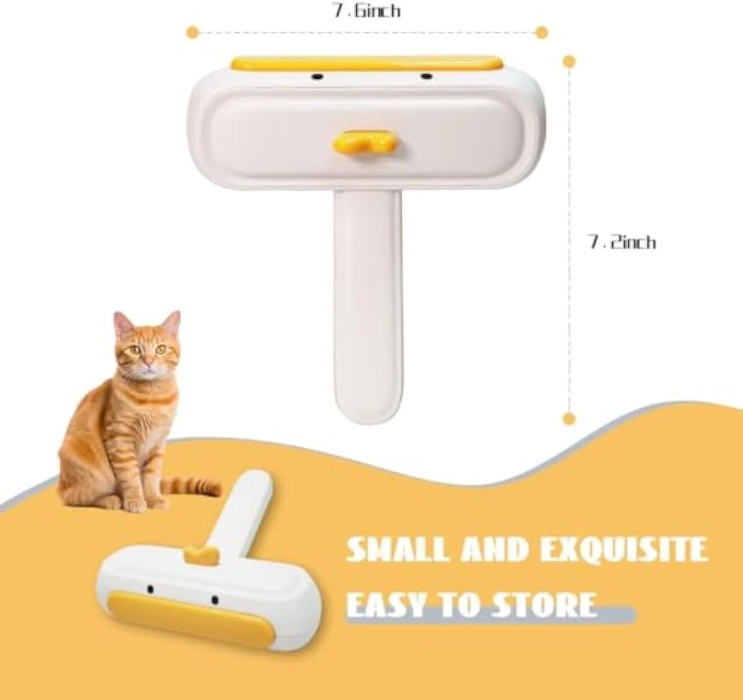 Portable yellow pet hair remover brush with duck design on a fabric sofa.