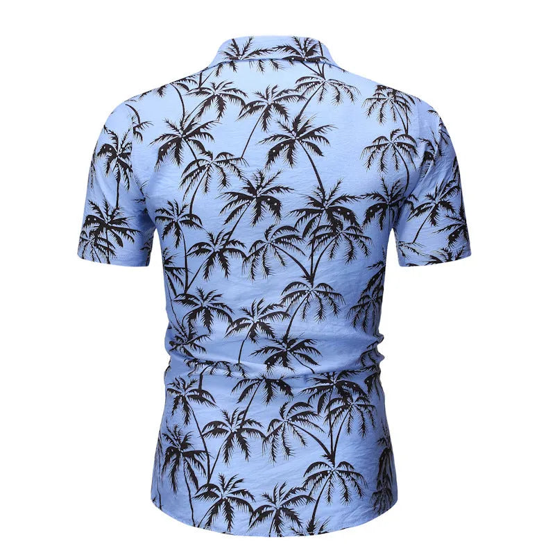 Men's loose lapel print top long sleeve polyester casual shirt in light blue, white, and yellow