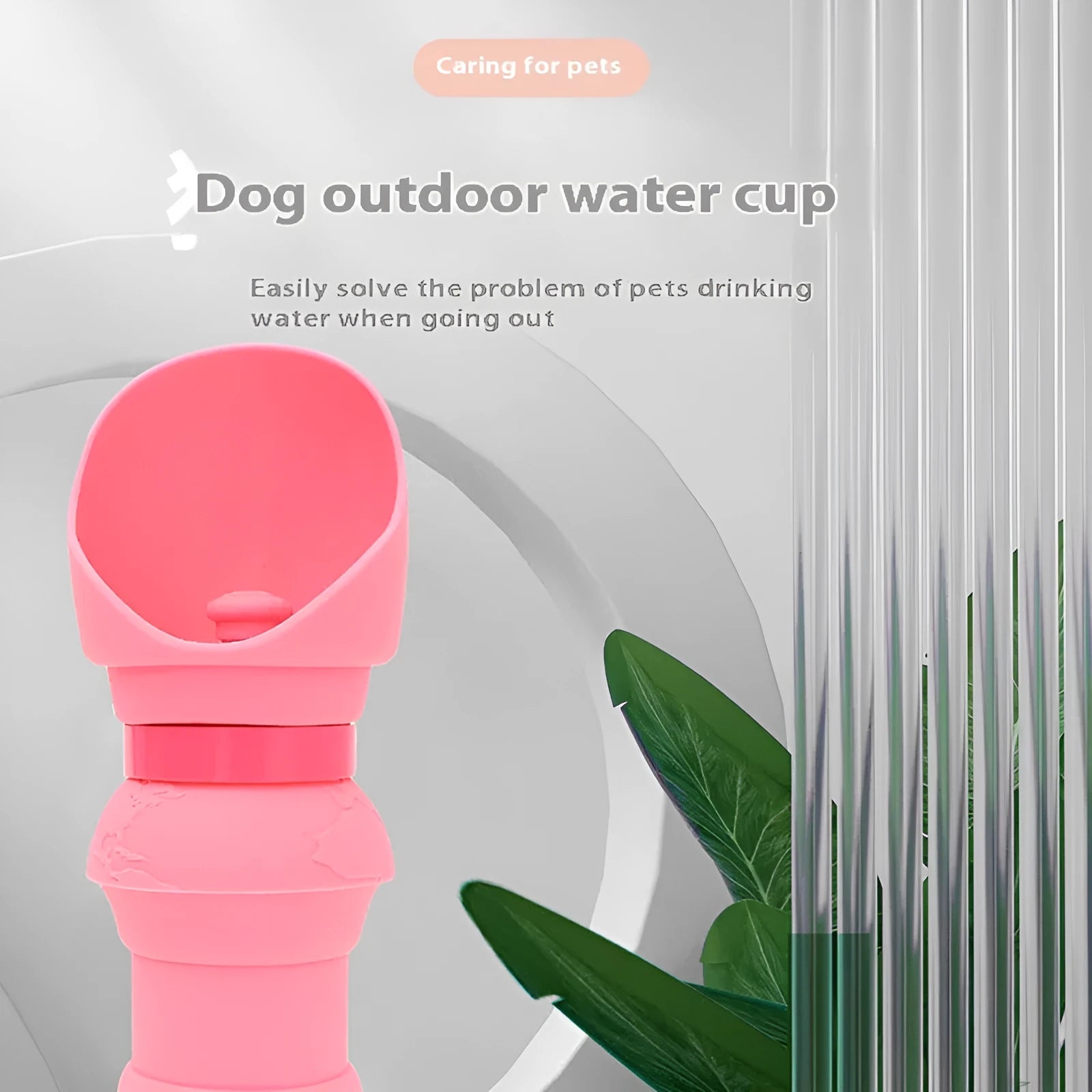 Silicone pet folding water cup shown in open and collapsed states, available in colours like pink, black, and mint green.