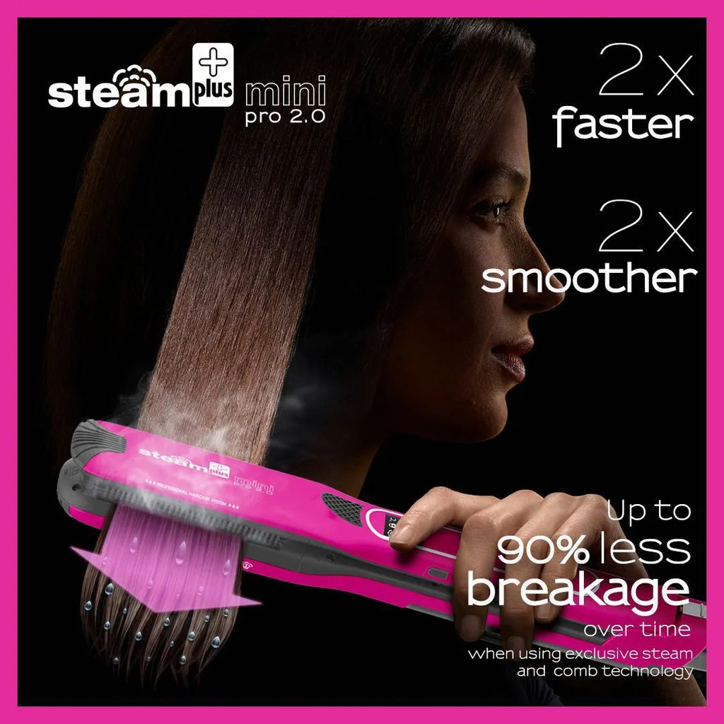 Mini steam spray hair straightener in purple, rose red and champagne colours showing heated plates and steam function