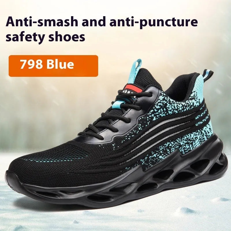 Brown leather anti-smash and puncture resistant lightweight labour protection shoes with rubber sole.