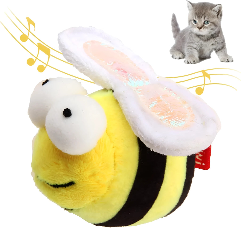 Yellow bee-shaped flannelette cat toy with electronic sound component for motion-activated chirping