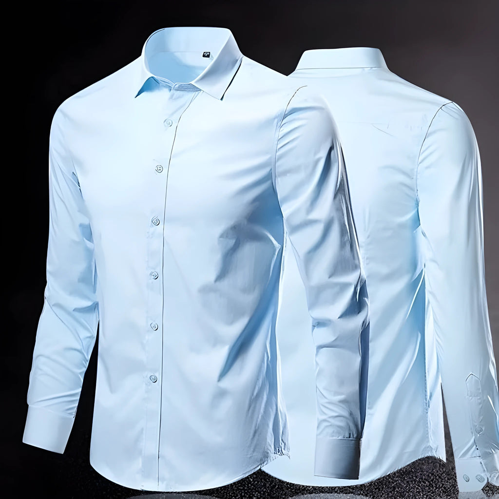 Men's loose-fit long-sleeve linen shirt on a hanger, shown in a light grey colour.