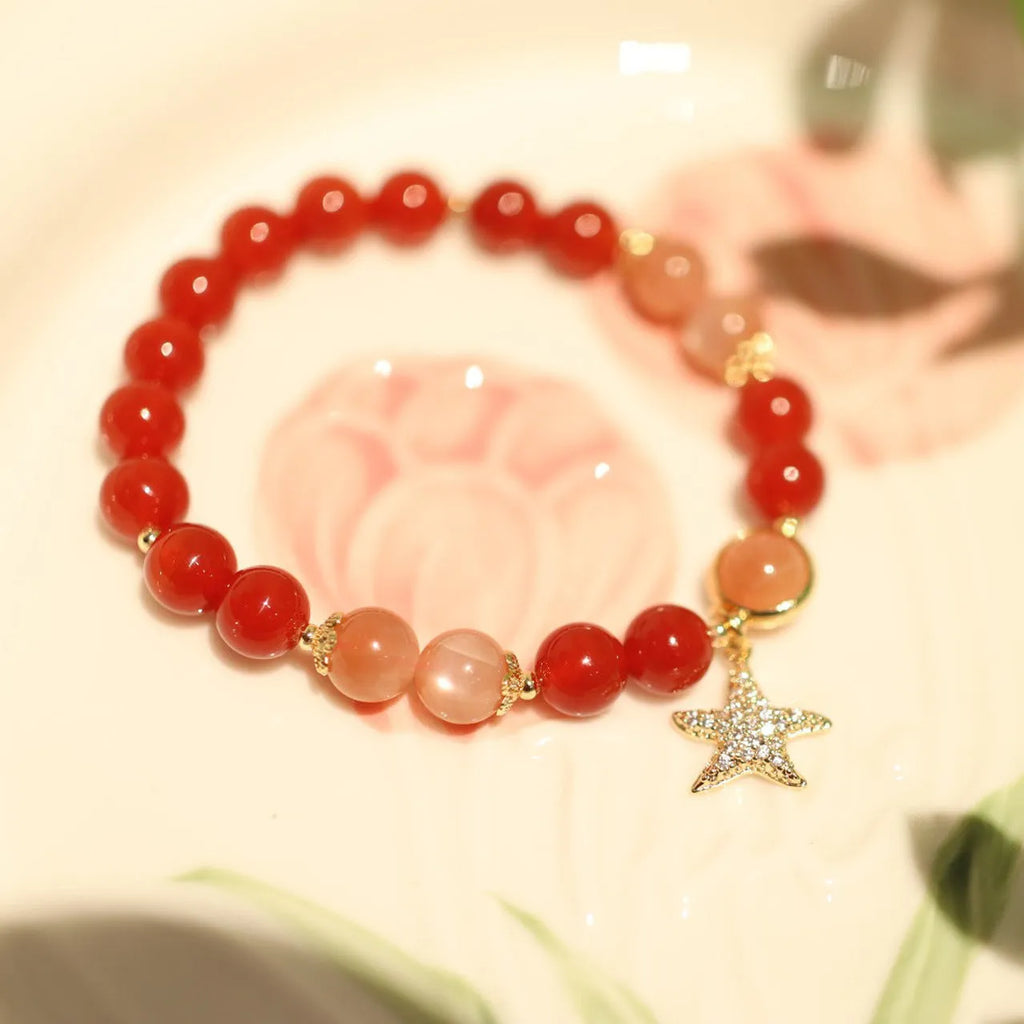 Handmade 8mm natural red agate bracelet for women, star shape, ethnic style, sands orange colour