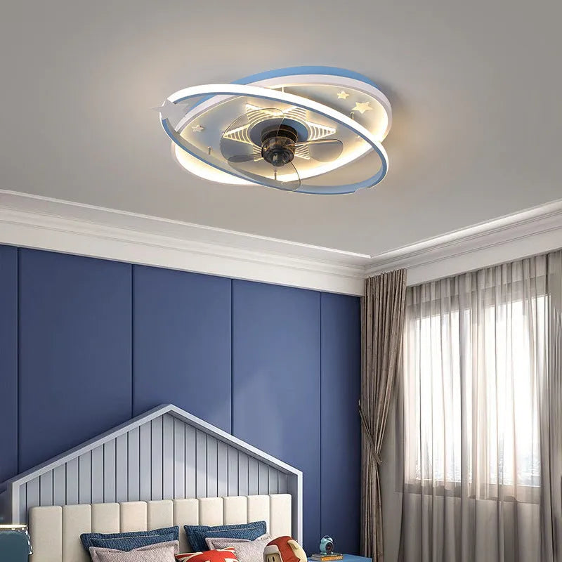 Blue children's bedroom ceiling fan light with acrylic shade and remote control.