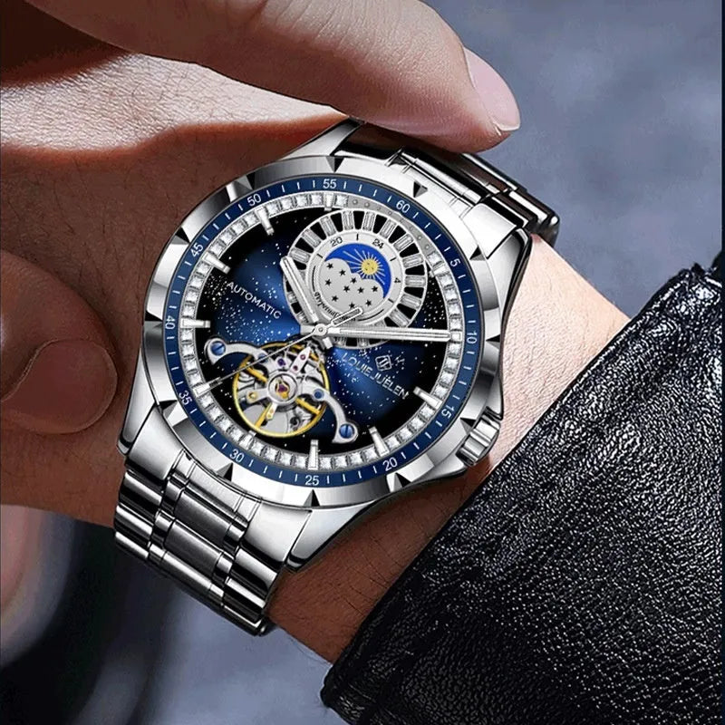 Automatic mechanical watch with silver alloy case, blue dial, stainless steel strap
